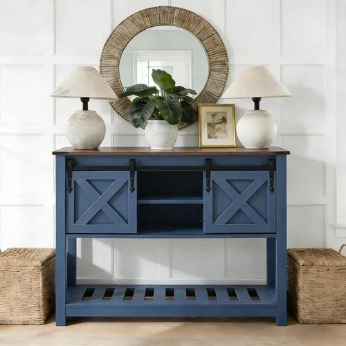 Vista 14 de Mesa de entrada de granja con puertas corredizas de granero, mesa consola de madera con estante de almacenamiento, mesa de sofá rústica para sala