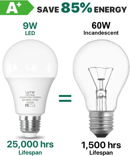 Vista 4 de Bombillas LED A19 E26, 60 W Eqv, 9 W, 2700 K, no regulables, paquete de 6 900 lúmenes, luz blanca cálida, ideal para iluminación de dormitorio