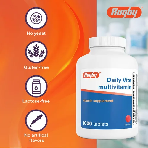 Vista 6 de Rugby Daily-Vite - Tabletas multivitamínicas, suplemento dietético sin gluten para adultos, apoya la salud general, sin sabores artificiales, 1000