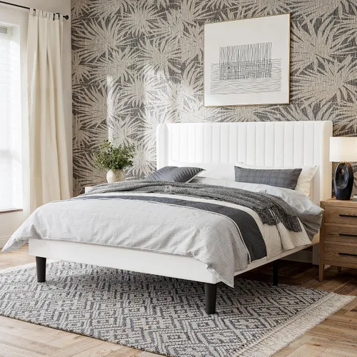 Vista 10 de GOLDORO Marco de cama King Size con base elevada, cabecera tapizada con botones verticales y alas, soporte de listones de madera, no necesita