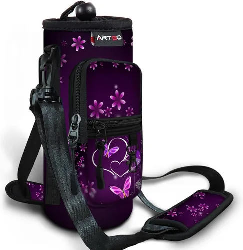 Vista 12 de ARTSO Bolsa de transporte para botella de agua con bolsillo para teléfono, funda de neopreno para botella de agua, bolsa con correa ajustable