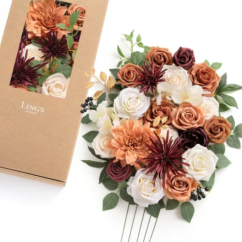 Vista 41 de Ling's moment Caja de Flores Falsas, Tallos de Vegetación Artificial Falsa Rosas de Espuma Dalia Hortensia de Seda Peonía Flor de Tela para Centros