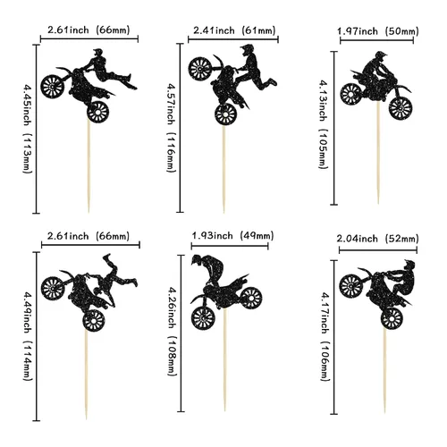 Vista 2 de Gyufise 24 piezas de adornos para cupcakes de motocicleta con purpurina negra para motocross, fiesta de motocross, para deportes, tema de motocross