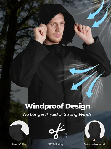 Vista 4 de Chaqueta impermeable de softshell para hombre, resistente al viento con forro polar para invierno con capucha, ligera y cálida