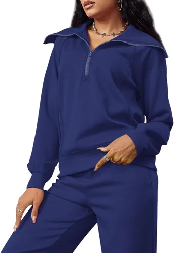 Vista 5 de XIEERDUO Conjuntos de descanso para mujer 2023 sudadera de gran tamaño con media cremallera y pantalón deportivo de pierna ancha de 2 piezas