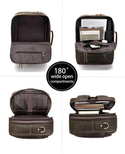 Vista 6 de Mochila vintage de cuero expandible 2 en 1 para hombre, maletín cruzado de hombro grande, mochila de viaje para trabajo, senderismo, para laptop
