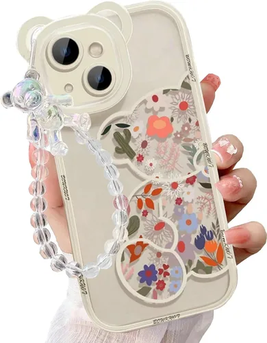 Vista 9 de Funda compatible con iPhone 8 Plus, bonito protector de cámara con diseño de oso de flores transparentes con bonita correa y cadena para niñas