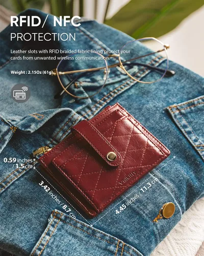 Vista 5 de Cartera delgada para mujer Minimalsit Bifold Leather Purse, Vino, Minimalista