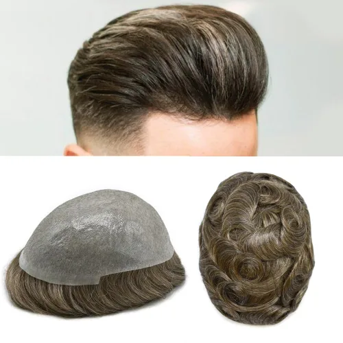 Vista 24 de Pieza de pelo para hombre, sistema de reemplazo de cabello de piel ultra fina para hombres, pieza de pelo de tupé para hombres, cabello humano real