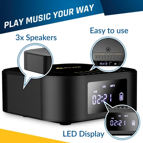 Vista 6 de KLIM Boombox E1 - Reproductor de CD portátil con subwoofer - Bajo extra, Bluetooth, radio FM, USB, AUX, MP3 - Batería recargable, modos con cable e