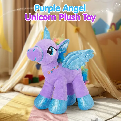 Vista 7 de Houwsbaby Peluche de unicornio con luz LED púrpura de 14 pulgadas, juguete de peluche de unicornio, juguete de peluche de caballo brillante, luz