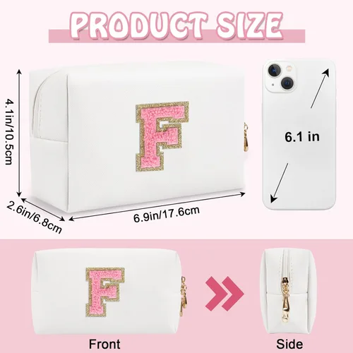 Vista 2 de Biileen Bolsa de Maquillaje Preppy Personalizada con Inicial Pequeña Bolsa de Viaje Linda con Letra de Chenilla, blanco-1, F