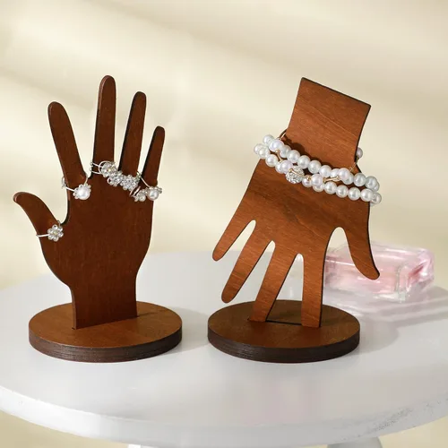 Vista 7 de Weysat 12 piezas de madera forma de mano pulsera joyería soporte soporte de exhibición estética joyería maniquí dedos joyería organizador, Marrón