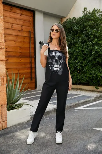 Vista 60 de PAODIKUAI Overol casual con estampado de calavera para mujer, overol suelto con bolsillos