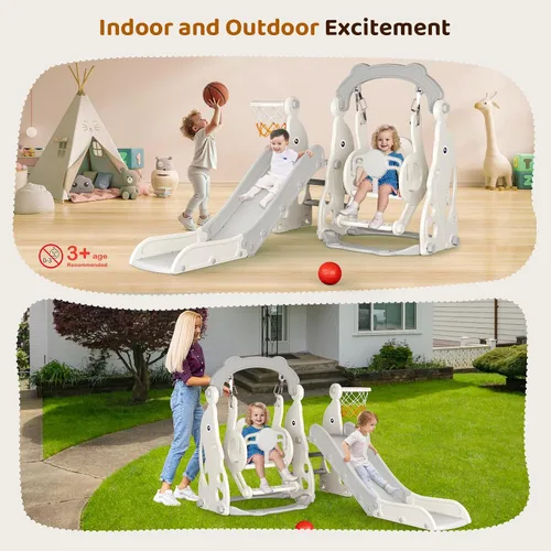 Vista 7 de Tobogán para Niños Pequeños, Conjunto de Juegos 4 en 1 para Niños Pequeños - Actualizado con Tobogán para Niños, Columpio, Aro de Baloncesto