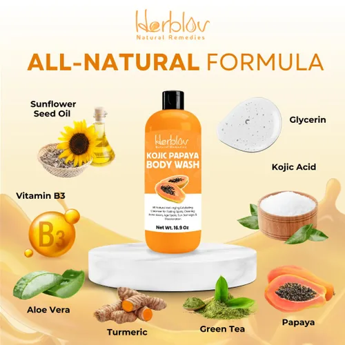 Vista 5 de Herblov Jabón de ácido kójico para hiperpigmentación – Gel de baño de papaya kójica iluminador de la piel – Jabón de manchas oscuras reduce el acné