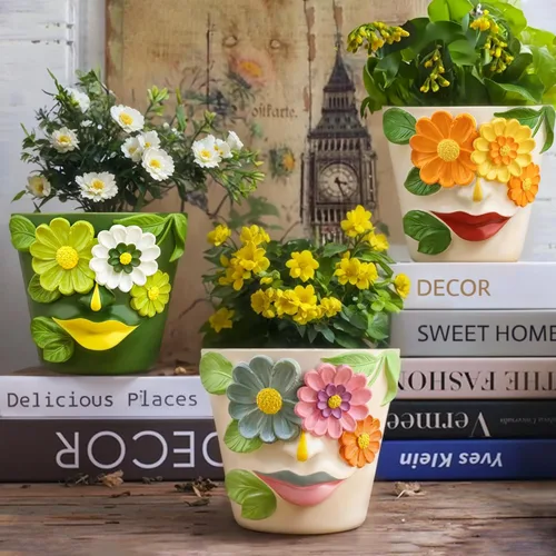 Vista 4 de GUGUGO Macetas únicas de cara para plantas, coloridas y lindas macetas para suculentas con drenaje, macetas abstractas de cabeza de arco iris