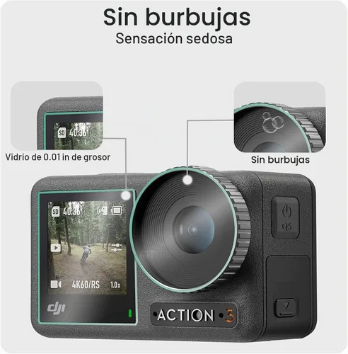 Vista 5 de FiTSTILL Protector de pantalla de vidrio templado con tapa de lente de silicona para DJI Osmo Action 4, dureza Ultra HD 9H, resistente a