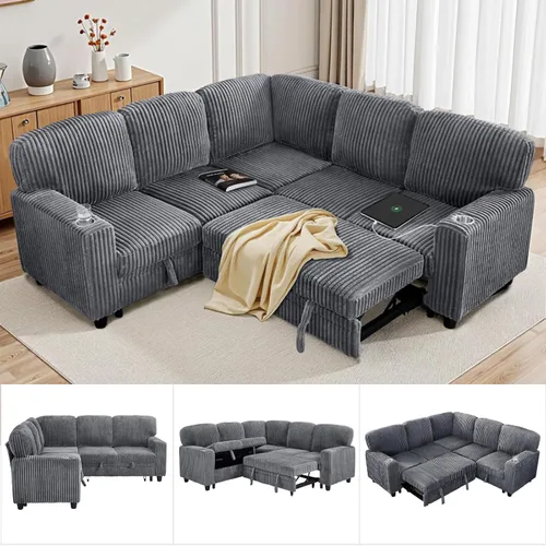 Vista 11 de Sofá modular de 81 pulgadas, sofá cama de 5 plazas en forma de L con cama extraíble, almacenamiento oculto, portavasos y puertos de carga USB, sofás
