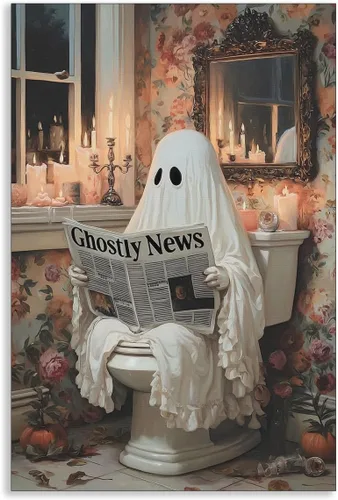 Vista 14 de Lienzo decorativo de Halloween para pared, póster de fantasma y gato negro en la bañera, imagen espeluznante de fantasma y flores, impresión
