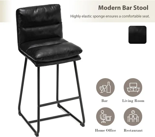 Vista 7 de Glitzhome Juego de mesa y sillas de comedor, mesa redonda de acero negro con parte superior de madera de olmo sólido y taburetes de bar de cuero