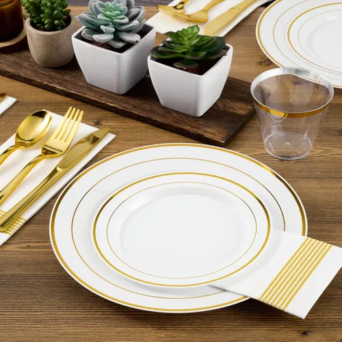 Vista 4 de FOCUSLINE Juego de 120 platos de plástico, platos desechables con borde Platos de plástico dorados