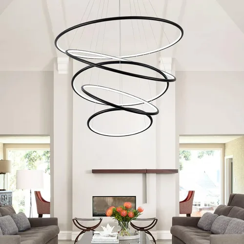 Vista 6 de MADEM Moderno candelabro LED de 5 anillas, lámpara colgante de techo contemporáneo para escaleras, vestíbulos de escaleras, sala de estar de techo
