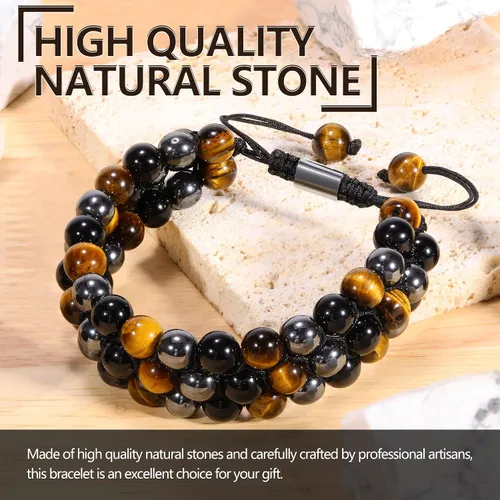 Vista 4 de Pulsera de Triple Protección - Para Protección - Trae Suerte y Prosperidad - Hematita - Obsidiana Negra - Ojo de Tigre - Pulsera de Piedra