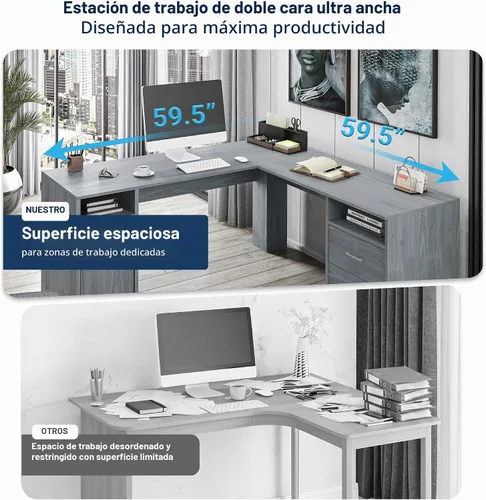 Vista 4 de Techni Mobili Escritorio de oficina en forma de L de 60 pulgadas