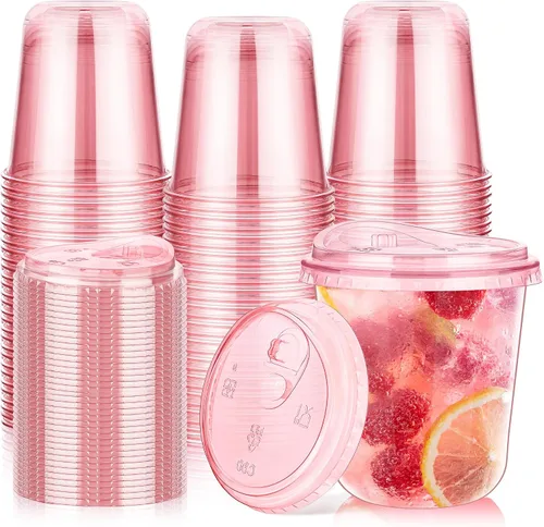 Vista 11 de KesaPlan Paquete de 50 vasos de plástico azul de 12 onzas con tapas para sorber, vasos de vino desechables sin popote para café helado, cócteles