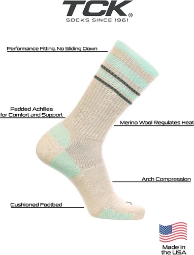 Vista 4 de TCK Calcetines de lana merino para hombres y mujeres para senderismo, caza, ciclismo de montaña, longitud de la tripulación para botas
