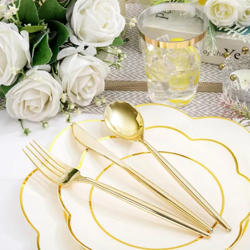 Vista 2 de ejonirinjonir EI - 180 platos de plástico beige con cubiertos de plástico dorado, platos desechables de alta resistencia para fiestas, juego
