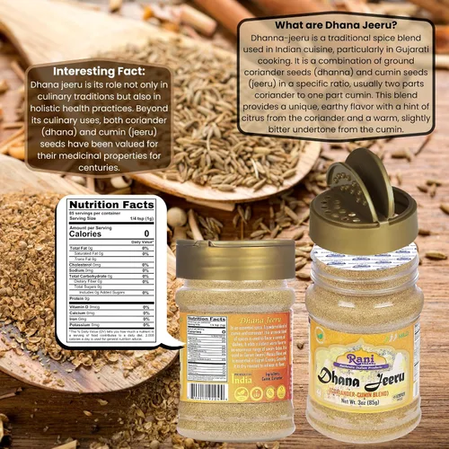 Vista 2 de Rani Dhana-Jeeru (mezcla de cilantro y comino 50-50) en polvo de 3 onzas (3.00 oz) tarro de PET ~ Todo natural Sin sal Vegano Apto para gluten