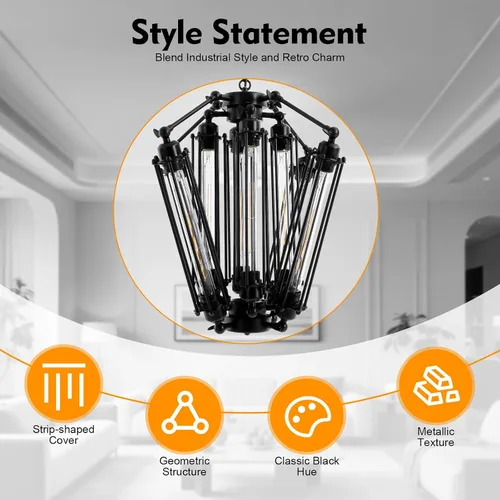 Vista 5 de 8-Lights Retro Metal Pendant Lamp with Glass Lamp Tube, Industrial Metal Chandelier, Vintage Mid Century Lighting Fixture, Steampunk Style Pendant