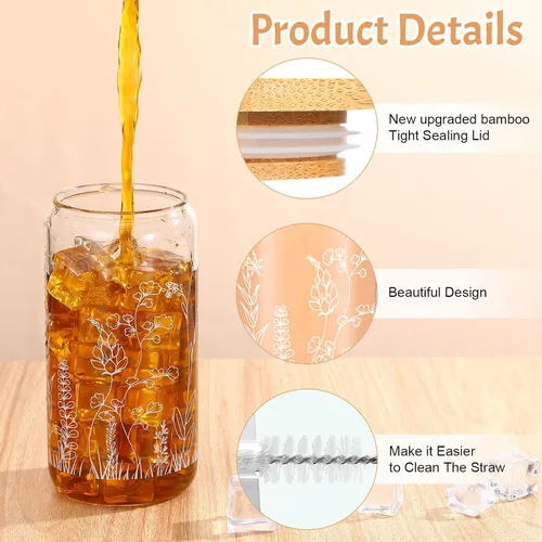 Vista 3 de Bokon 3 tazas de vidrio para regalo de dama de honor de 16 onzas, tazas de café helado floral con tapas de bambú y cepillo para pajitas, lindos