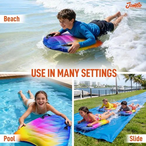 Vista 3 de JAMBO Tabla de surf inflable con asas, tabla de boogie para playa, tabla de surf flotante, flotadores de piscina, juguete de playa para niños