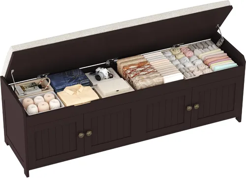 Vista 15 de HOMEFORT Banco para Zapatos de 30" con Almacenamiento de Tapa Elevable, Banco de Entrada con Asiento Acolchado, Banco de Madera para Pie de Cama