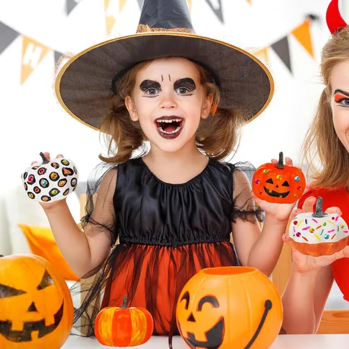 Vista 3 de Winlyn 8 juegos de pintura de calabaza de 4 pulgadas, manualidades de otoño, pintar tus propias calabazas de Halloween, calabazas de espuma blanca