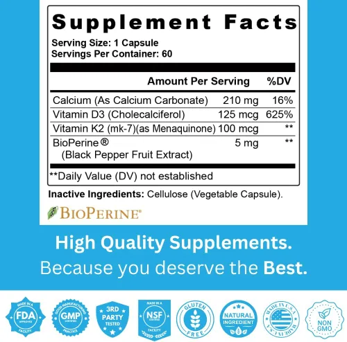 Vista 5 de Vitamina K2 D3 con calcio y bioperina, vitamina K2 (MK7) con suplemento D3 sin OMG, vitamina D3, vitamina K2 MK-7 fácil de tragar vitamina D