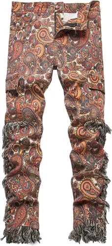 Vista 16 de Baylvn - Pantalones de mezclilla para hombre con diseño patchwork, ajustados y cómodos, estilo motociclista 3132 Camuflaje y azul
