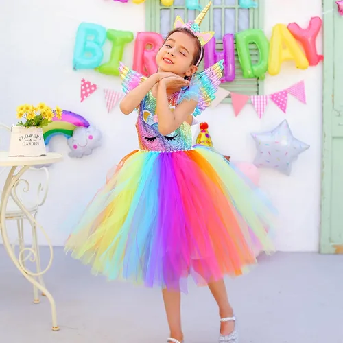Vista 2 de PinkBeautiM Vestido tutú de unicornio para niñas disfraz de unicornio de lentejuelas para niña con diadema vestidos de fiesta de cumpleaños de 3 a