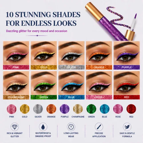 Vista 2 de BestLand - Delineador de ojos con purpurina líquida, 10 colores metálicos brillantes con purpurina, sombra de ojos pigmentada, brillo para cejas