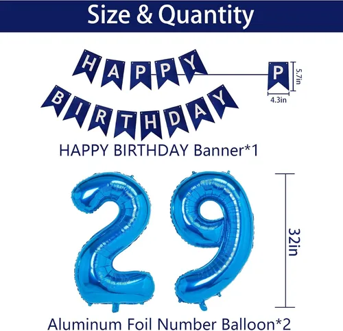 Vista 4 de Decoraciones de fiesta de cumpleaños azul número 29 para hombres y mujeres, suministros de globos de feliz cumpleaños 29 con pancarta de feliz