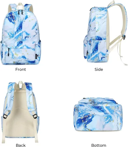 Vista 3 de Imyth Mochila para adolescentes y niñas, regalo escolar, bolsa de almuerzo, bolsa de lápices 3 en 1 (azul mármol)