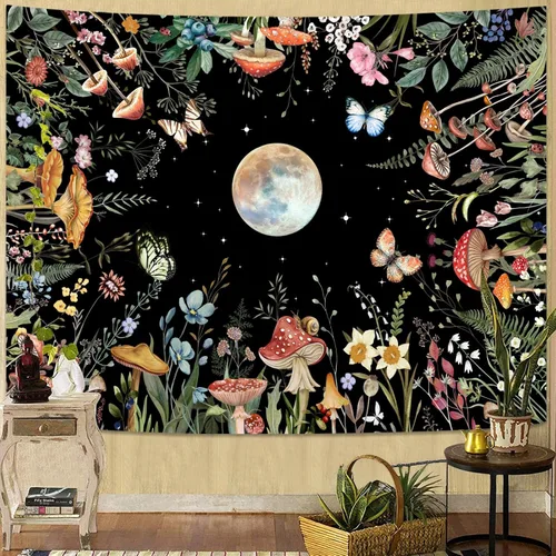 Vista 2 de AMM Tapiz de jardín con luna iluminada por la luna, plantas verdes botánicas, hongos, flores, tapiz para colgar en la pared, color negro