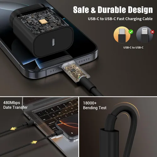 Vista 5 de Cargador de Bloque USB C de carga rápida para iPhone 17 16 Pro Max, cargadores USB-C de 30 W con cable largo de carga rápida tipo C de 3/6/10 pies