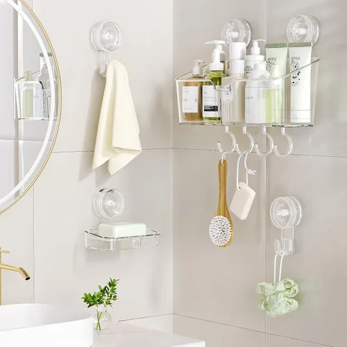 Vista 2 de LUXEAR Organizador de ducha con ventosa, sin perforaciones, organizador de ducha de sujeción fuerte con ganchos y jabonera, drenaje rápido