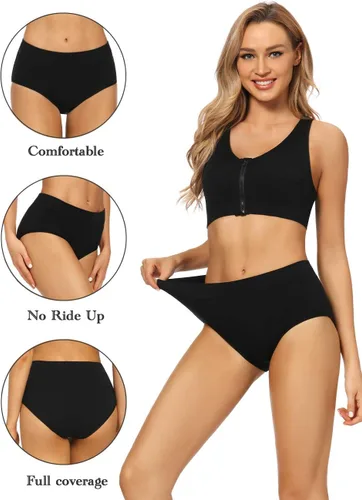 Vista 4 de POKARLA - Ropa interior elástica de algodón para mujer, pantaletas de cintura media alta, paquete de 5 Negro