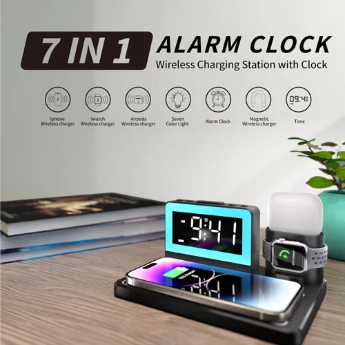 Vista 2 de Estación de carga rápida inalámbrica, reloj despertador 7 en 1 con soporte de cargador inalámbrico, base de carga para Apple, para múltiples