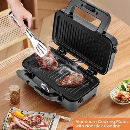 Vista 2 de BECOMFORT Máquina de gofres 3 en 1, prensa de sándwich con 3 placas antiadherentes extraíbles, luces indicadoras, mango de tacto frío, sandwich